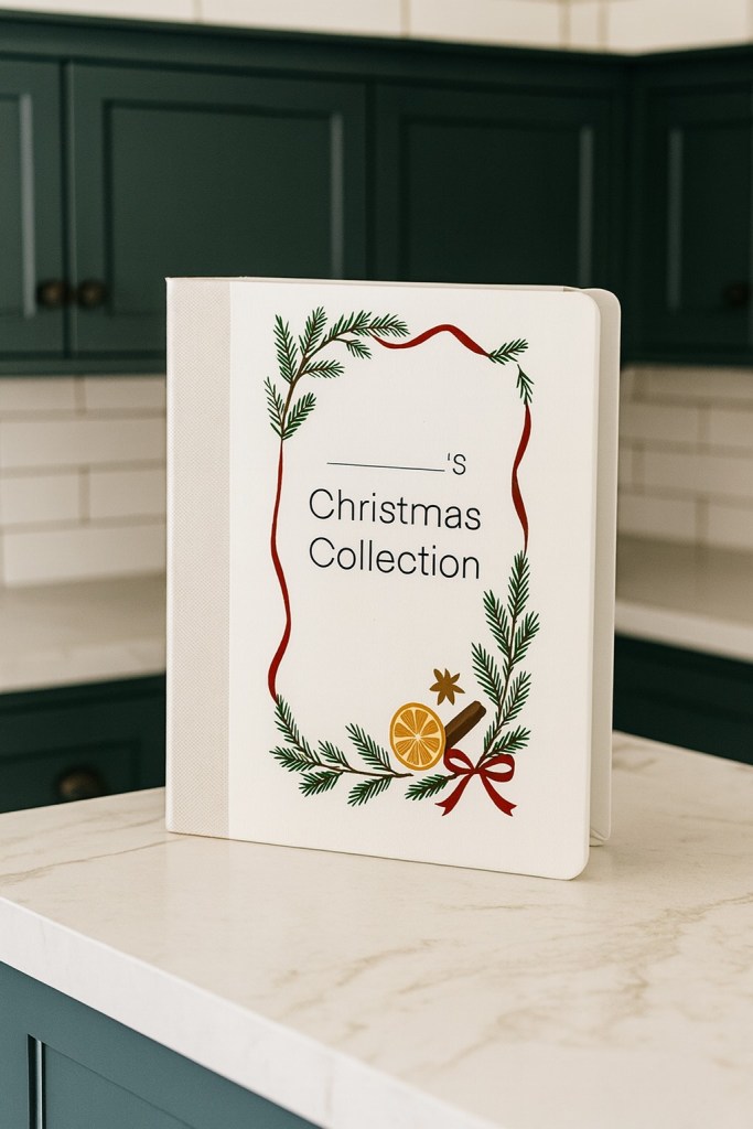 A binder type cookbook standing on a counter top in the green kitchen