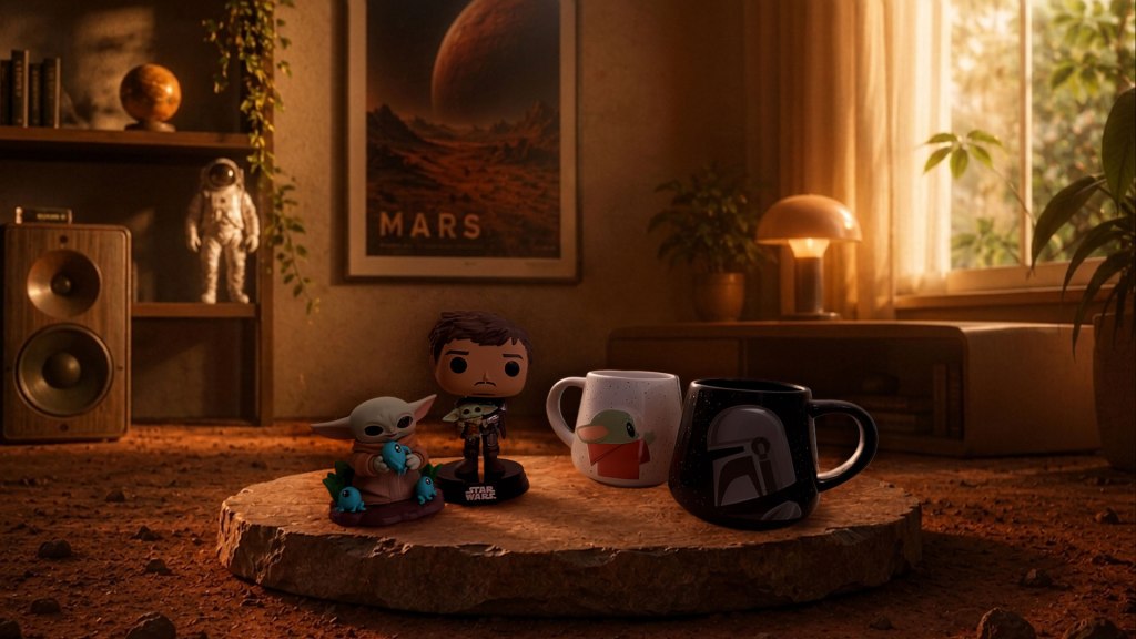 Grogu, Mandalorian Funko Pop and Mandalorian & Grogu themed mugs displayed in a warm cozy home setting