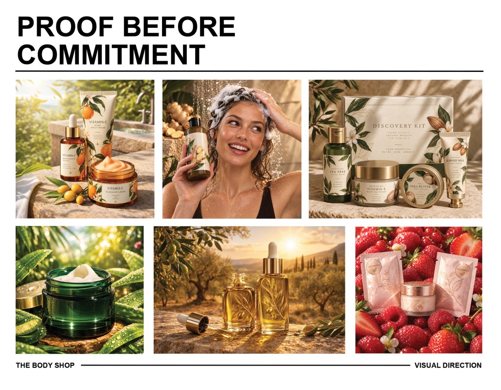 The Body Shop vitamin C and vitamin E skincare visual direction moodboard featuring natural skincare products, botanical ingredients, berries, olive oil and beauty rituals