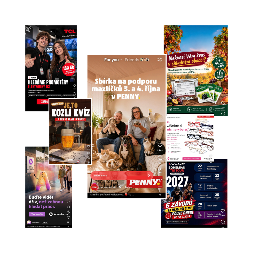 Collage of AI-generated social media advertisements showing similar visual styles and layouts